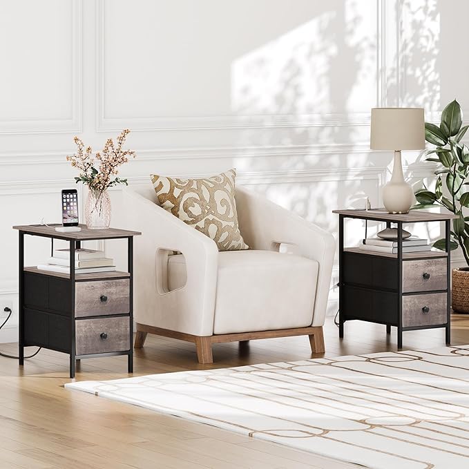 HOOBRO End Table with Charging Station, Narrow Side Table, Nightstand with 2 Non-Woven Drawers, Slim Sofa Side Table, for Small Spaces, Living Room, Bedroom, Greige and Black BG486UBZ01