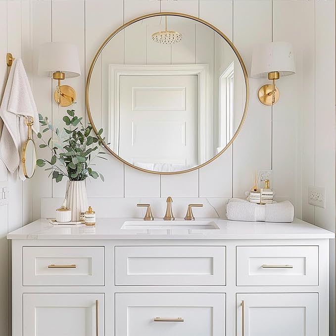 Gold Circle Mirror, Round Mirror 22 inch, Gold Wall Mirrors Metal Frame, Circle Mirrors for Bathroom, Bedroom, Living Room, Entryway.