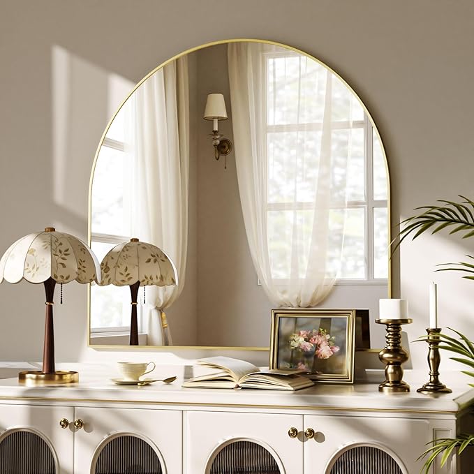 VooBang Wide Arched Wall Mirror, 31 x 32 inch Arch Bathroom Mirror, Wall Mounted Vanity Mirror with Arch Metal Frame, Modern Bathroom Vanity Mirror for Bedroom, Living Room, Hanging or Leaning, Gold