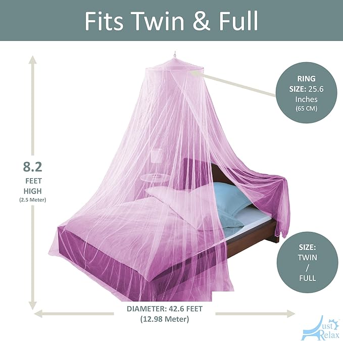 Just Relax Decorative Elegant Bed Net Canopy Set Including Full Hanging Kit, Ideal for Indoors or Outdoors, Intended for a for Covering Beds, Cribs, Hammocks (Pink, Twin/Full)