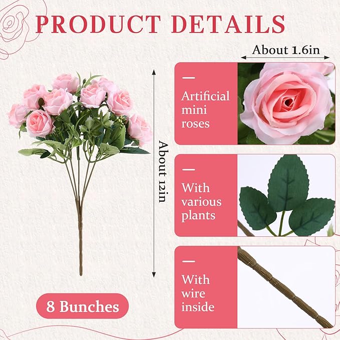 Zeyune 8 Pack 12 Inch Valentines Artificial Rose Bouquet Silk Roses Flowers Bunches Bulk Fake Roses for Wedding Bridal Home Office Garden Parties Decoration(Light Pink)