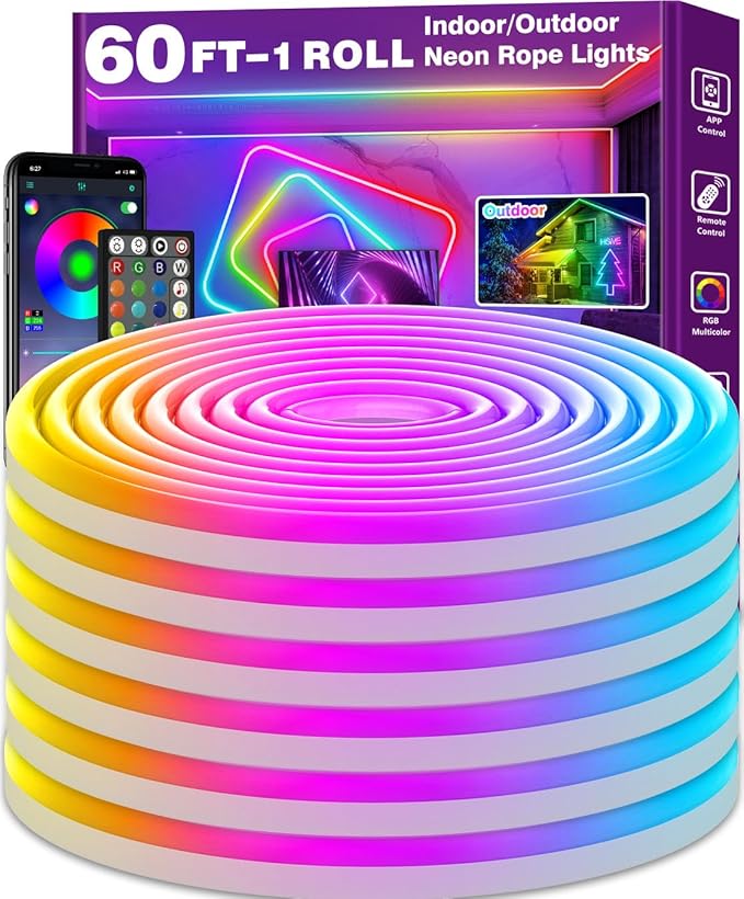 AILBTON 60Ft Neon Rope Lights,Flexible Led Rope Lights Control with App/Remote,Multiple Modes Rope Lights,IP65 Outdoor RGB Led Neon Light Waterproof,Music Sync Gaming