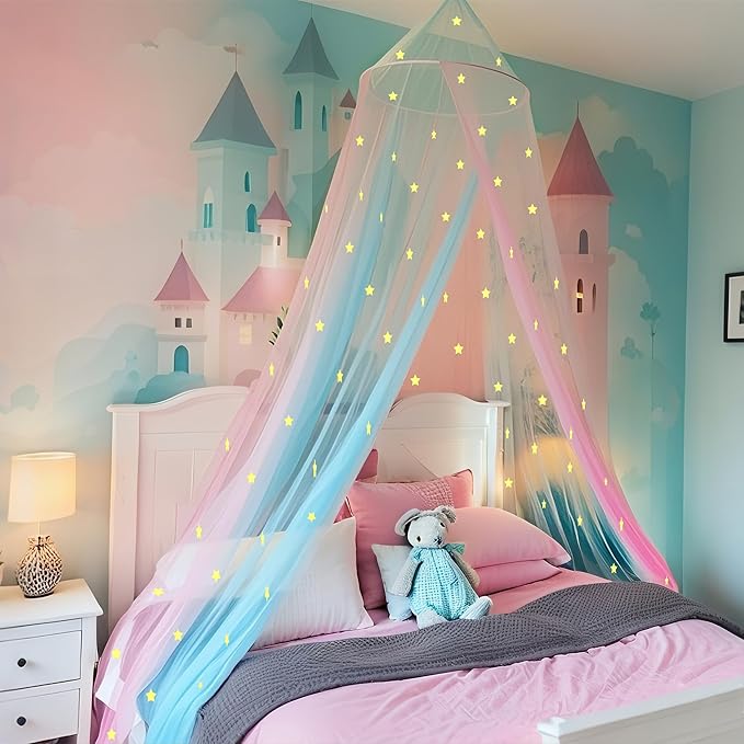 Eimilaly Two-Tone Bed Canopy Stars Glow in The Dark Pink Blue, Mosquito Net Bed Canopy for Girls Room Decor, Single Door