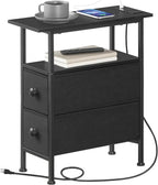 HOOBRO End Table with Charging Station, Narrow Side Table with 2 Fabric Drawers, Skinny Nightstand with Storage, Slim Bedside Table for Bedroom, Living Room, Small Spaces, Black BB487UBZ01