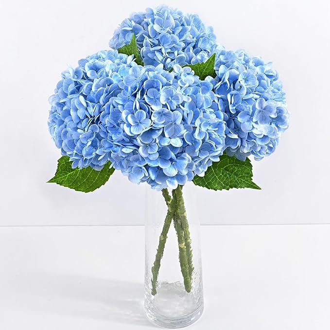 3 Pcs Real Touch Hydrangea Artificial Flowers, 21" Blue Full Faux Hydrangea Flowers Latex Fake Flowers for Home Decor Party Floral Arrangements Wedding Bouquets Centerpieces Outdoor Decor