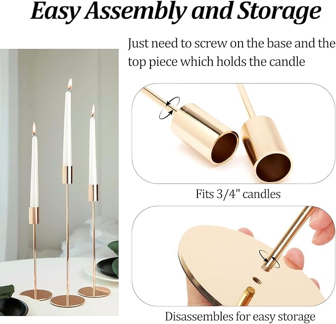 Set of 3 Gold Taper Candle Holders, Metal Gold Candlestick Holders, Tall Candle Holder, Fits 3/4 inch Thick Candle&Led Candles, for Table Centerpiece, Wedding, Dinning, Party Home Decor