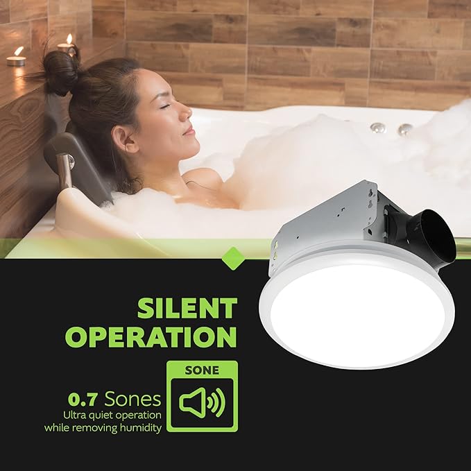 Homewerks 7141-50 Bathroom Fan Integrated LED Light Ceiling Mount Exhaust Ventilation 0.7 Sones 50 CFM, White