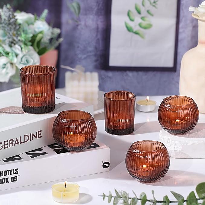 30pcs Assorted Ribbed Amber Votive Candle Holders, Amber Tea Lights Candle Holder for Wedding Decorations, Clear Glass Candle Holders for Fall Decor, Vintage Boho Party Home Table Centerpieces Decor