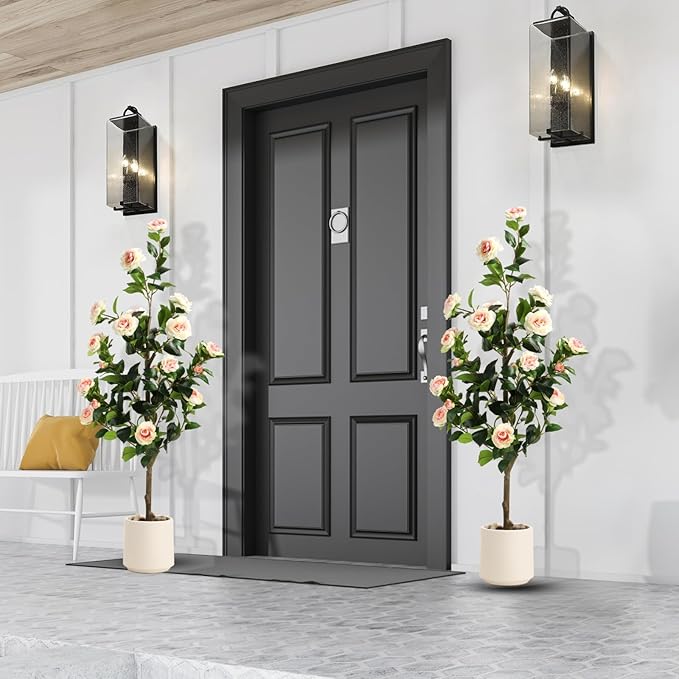 4FT Artificial Camellia Tree with White Planter & Pebbles,Faux Flower Tree with Lifelike Leaves and Realistic Trunk,Tall Fake Potted Plant for Home Décor Indoor Outdoor. (White, 4FT)