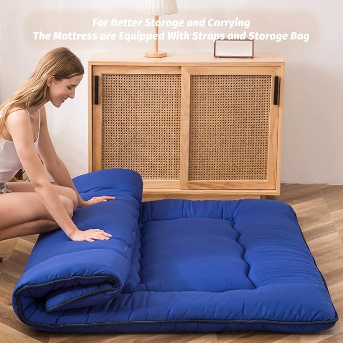MAXYOYO Japanese Floor Mattress Futon Mattress, Thicken Sleeping Pad Foldable Roll Up Floor Futon for Adults Tatami Mat Dormitory Bed Lounger, Royal Blue, Queen Size