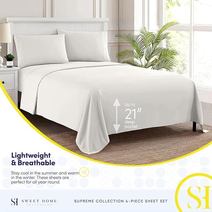 Twin Sheets - Breathable Luxury Sheets with Full Elastic & Secure Corner Straps Built In - 1800 Supreme Collection Extra Soft Deep Pocket Bedding Set, Sheet Set, EXTRA DEEP pocket - Twin, Ivory