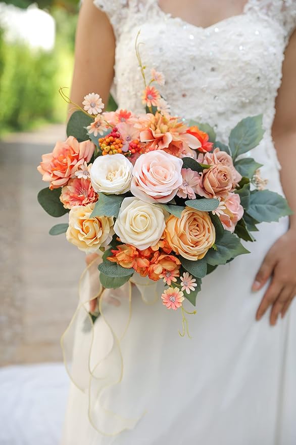 Artificial Flowers Box Set Real Looking Orange Silk Fake Flowers Combo with Stems for DIY Wedding Bouquets Bridal Shower Centerpieces Party Decorations(Orange Pink)