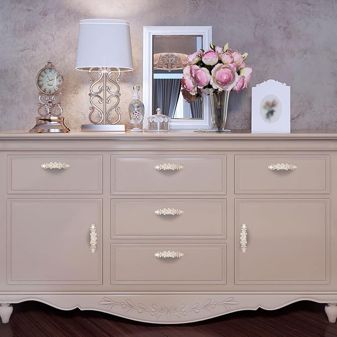 2Pcs Euro Rose Decorative Cabinet Pull Handles Ivory Drawer Pull Handles Vintage Kitchen Zinc Alloy Flower Drawer Dresser Vanity Nightstand Cupboard Wardrobe Pull Handles, 3.78" Hole Center