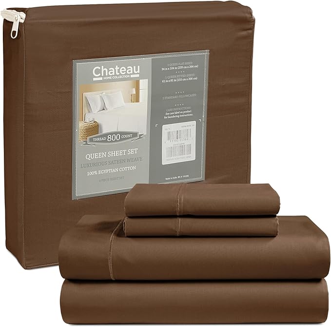 800 Thread Count Egyptian Cotton Sheets Queen Sheet Set Deep Pocket,100% Cotton Bed Sheets Queen Size Set, No Pill Soft & Comfy Naturally Cool Breathable Elasticated Sheet & Pillowcase Sets- Chocolate
