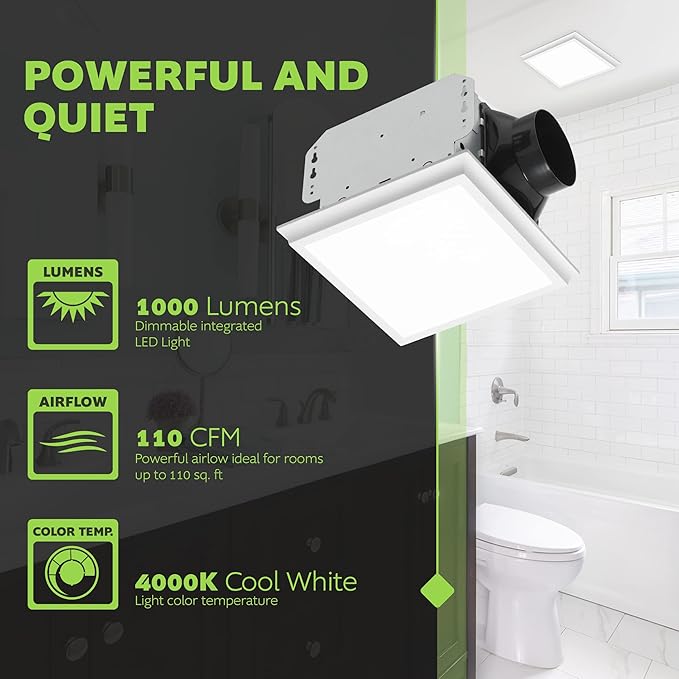 Homewerks 7141-110-G4 Bathroom Fan Integrated LED Light Ceiling Mount Exhaust Ventilation Whisper Quiet 2.0 Sones 110 CFM, White