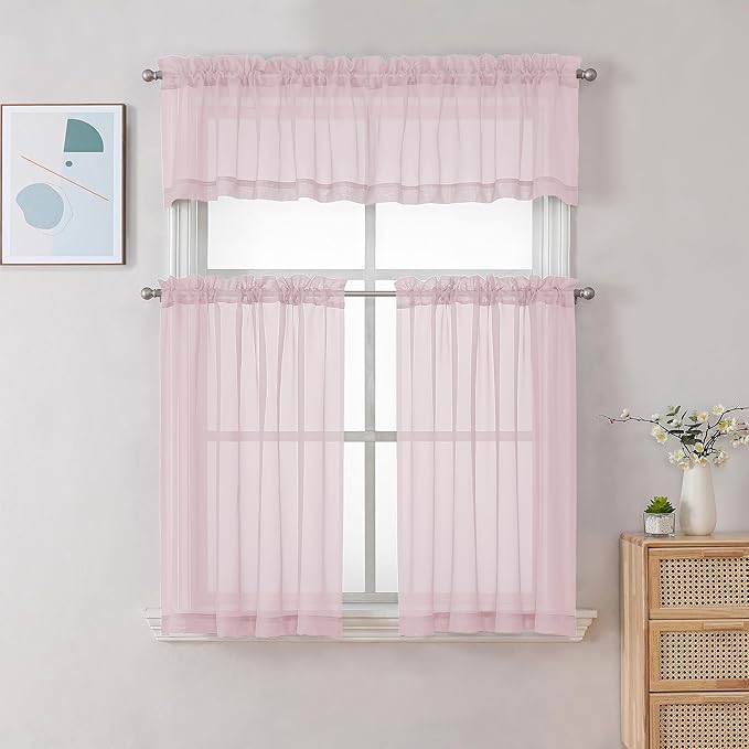 Chyhomenyc Sheer Valances for Windows, Small Window Curtains for Living Room Bathroom Laundry Basement, Modern Dual Rod Pocket Voile Valance Curtain, 42W x 14L inches, 2 Pcs, Blush Pink