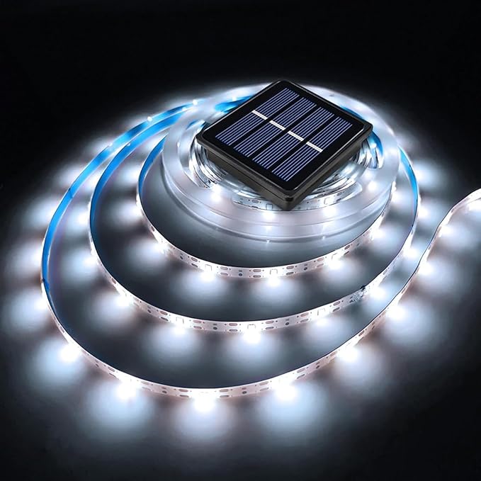 Solar LED Strip Lights Outdoor Waterproof 19.6FT 180 LED White Cuttable Solar Powered Tape Light for Halloween, Outside, Pool, Stair, Driveway, Canopy, Accent Lighting (Upgraded Version)