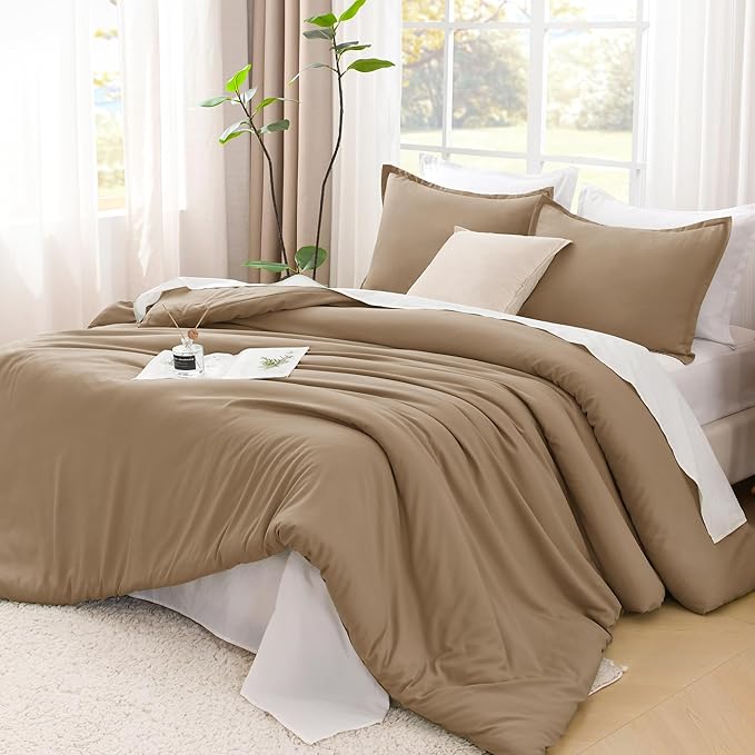 Litanika Taupe Comforter Set Queen Size, 3 Pieces Solid Bedding Comforter Set, All Season Fluffy Bed Set (90x90In Comforter & 2 Pillowcases)