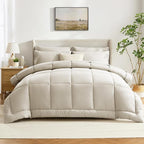 CozyLux Queen Comforter Set Oatmeal, 7 Pieces Bed in a Bag, Oatmeal Comforter Queen Size, All Season Bedding Sets with Stitch Quilted Comforter, Flat Sheet, Fitted Sheet, Pillowcases