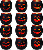 SHMILMH Halloween Table Centerpiece Candle Holders Set of 12, Black and Gold Glass Votive Holder with 6 Grimace, Tealight Holders Bulk for Halloween Party D?or