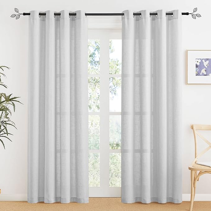 RYB HOME Grey Sheer Curtains - Linen Grommet Window Curtain Drapes Light Airy Semi Sheers for Bedroom Patio Living Room Patio Door, Wide 52 x Long 84 inch, 2 Panels, Dove Grey
