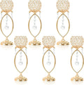 6 Pcs Gold Elegant Metal Crystal Tea Light Candle Holders with Crystal Pendants, Hollow Design - Wedding Table Centerpieces for Anniversary Birthday Party, Home Decor