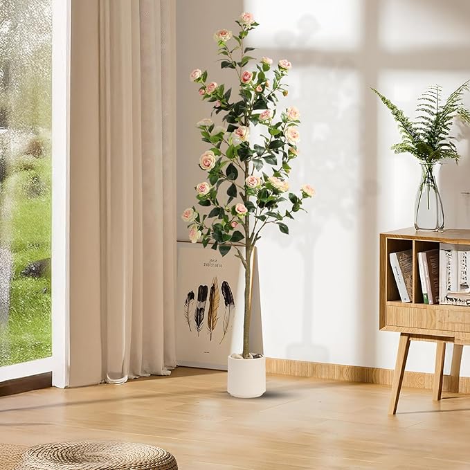 6FT Artificial Camellia Tree with White Planter & Pebbles,Faux Flower Tree with Lifelike Leaves and Realistic Trunk,Tall Fake Potted Plant for Home Décor Indoor Outdoor. (White, 6FT)