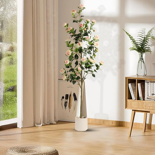 6FT Artificial Camellia Tree with White Planter & Pebbles,Faux Flower Tree with Lifelike Leaves and Realistic Trunk,Tall Fake Potted Plant for Home Décor Indoor Outdoor. (White, 6FT)