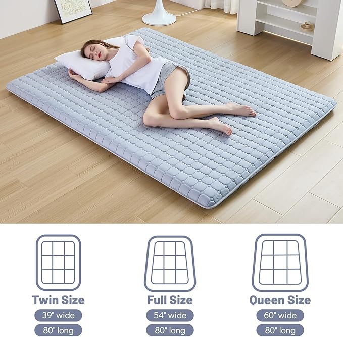 Japanese Floor Mattress Twin, Anti-Slip Japanese Futon Foldable Tatami Mat for Guests, Grey