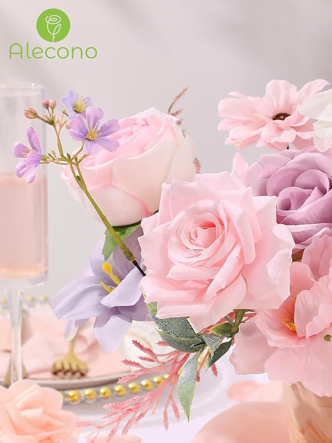 Alecono Artificial Flowers, Pink Purple Fake Flowers with Stems for DIY Wedding Bridal Bouquets, Cake Floral Arrangement Home Decor Indoor Outdoor