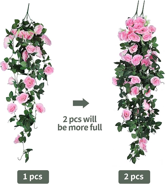 RECUTMS Fake Hanging Flower, 2PCS Artificial Rose Vine Plants Flowers Wedding Home Decoration and Wall Décor 3.3Ft (Pink)