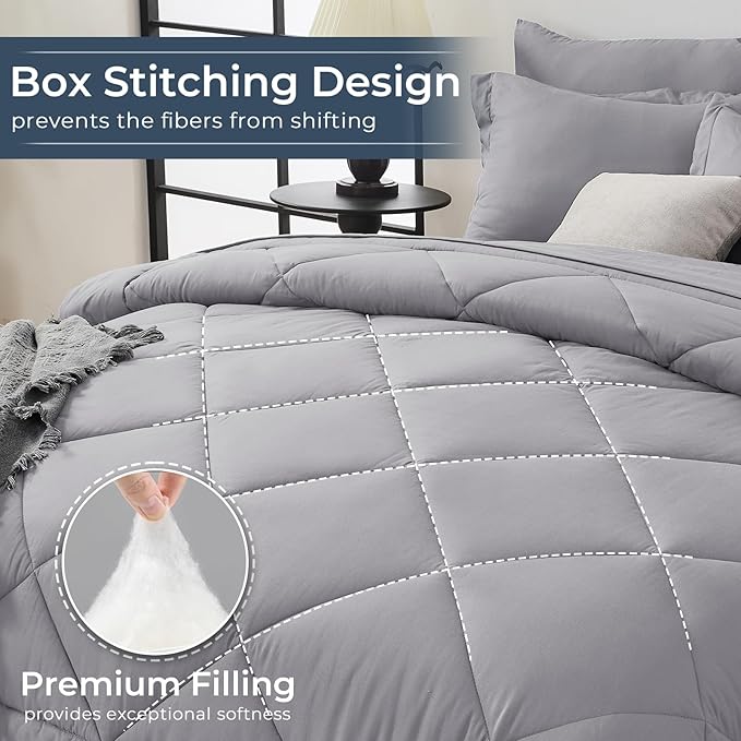 HEVUMYI Oversized Queen Comforter Set Light Grey - 7-Piece All Season Bed in a Bag Oversized Queen, Ultra Soft Bedding Set with Comforter, Flat Sheet, Fitted Sheet, Pillowcases, Pillow Shams