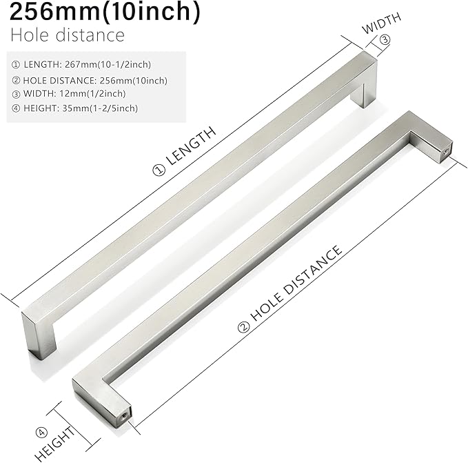 Cabinet Pulls Brushed Nickel Cabinet Handles Square Drawer Pulls, 20 Pack 10 Inch Stainless Steel Kitchen Door Cupboard Cabinet Handles, Cabinet Hardware Drawer Handles, 256mm Hole Centers