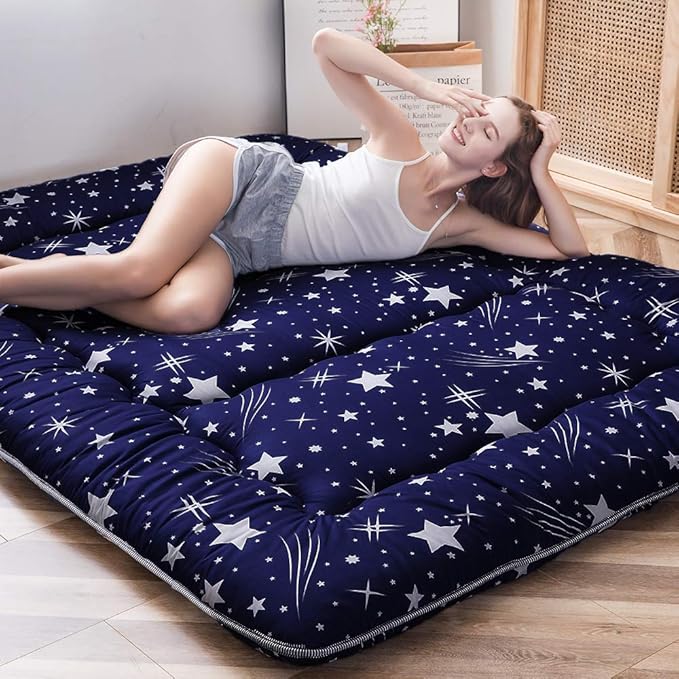 MAXYOYO Navy Starry Sky Japanese Futon Mattress, Tatami Floor Mat, Portable Camping Sleeping Pad, Foldable Roll Up Lounger Bed Full Size with Mattress Protector Cover