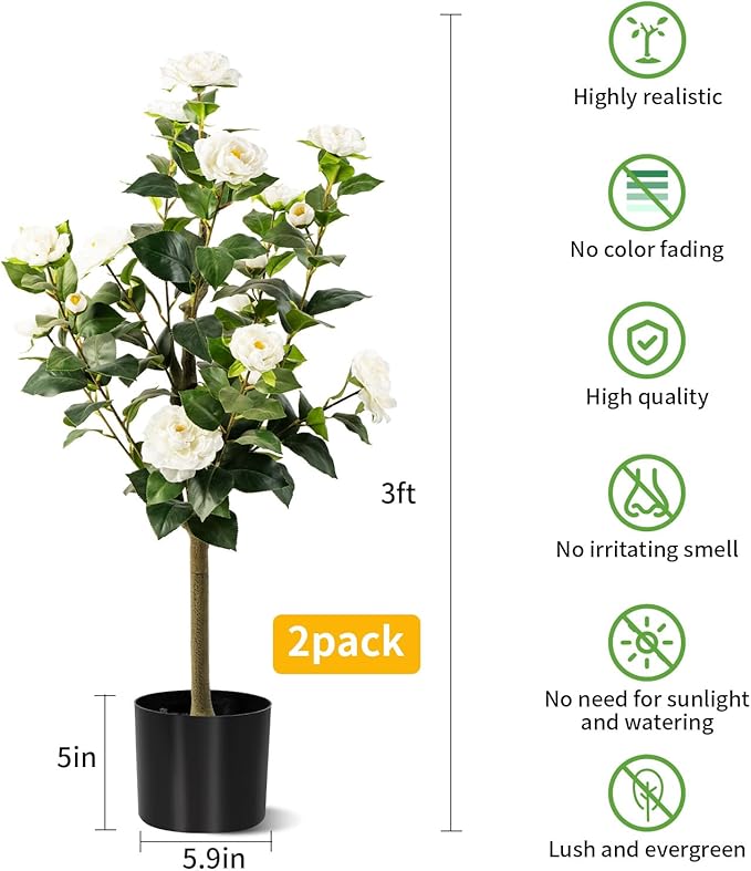 Artificial Camellia Tree 2 Pack, Artificial Plants Outdoor Faux Floral Plant in Cement Pot Fake Silk Camellia Tree Plants for Home House Living Room Office Decor