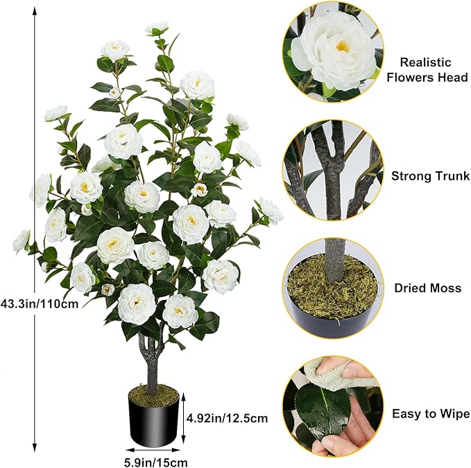 43.3"/3.6FT Artificial Camellia Tree Fake Outdoor Tree with 32 Blooming Flowers White Tree for Summer Home Front Door Indoor Decor (Including Dried Moss)