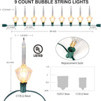 Brightown Bubble String Lights, 2 Pcak 9 Counts Traditional Clear Bubble Bulbs with Silver Glitter, Christmas Bubble Lights for Tree Holiday Christmas Celebrations Lighting, Green Wire