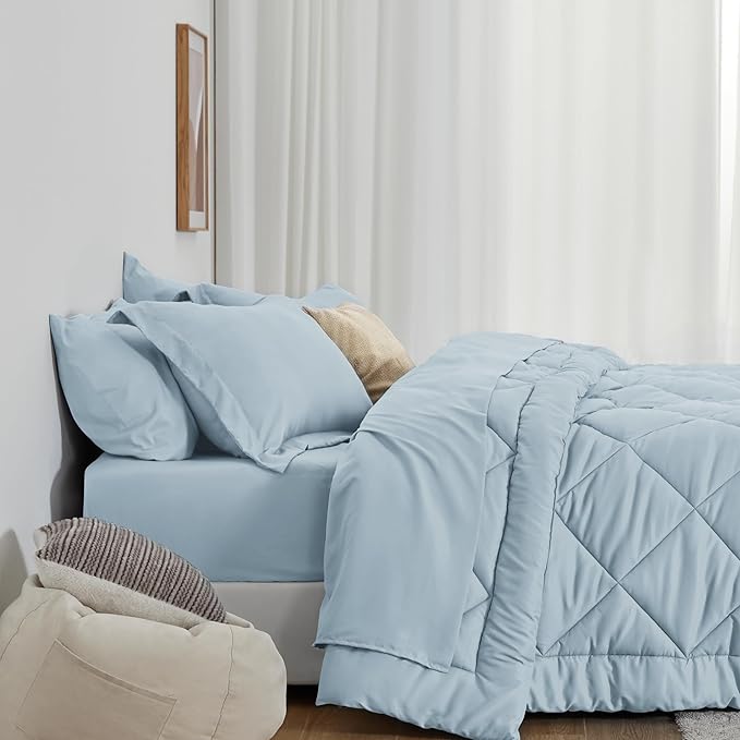 Love's cabin Full Comforter Set Light Blue, 7 Pieces Full Bed in a Bag, All Season Bedding Sets with 1 Comforter, 1 Flat Sheet, 1 Fitted Sheet, 2 Pillowcase and 2 Pillow Sham