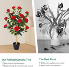 3FT Artificial Camellia Tree, 2 Pack Fake Camellia Tree Artificial Tree, Faux Floral Plants in Cement Pot, Greenery Potted Plant for Indoor Outdoor Home Office Porch Decor (Red)