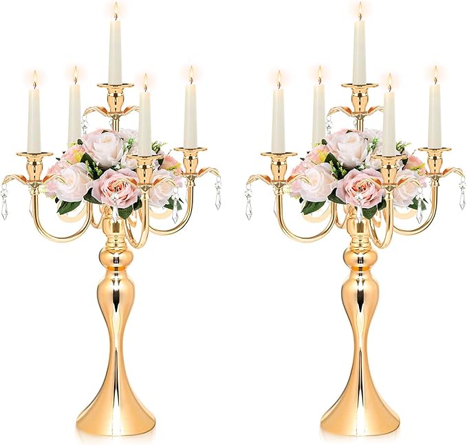 2PCS Gold 5-Arm Candelabra Centerpiece - 20.3" Tall Metal Candle Holder for Wedding, Party & Home Decor - Vintage Table Centerpiece for Events, Dining Room, Church Decorations