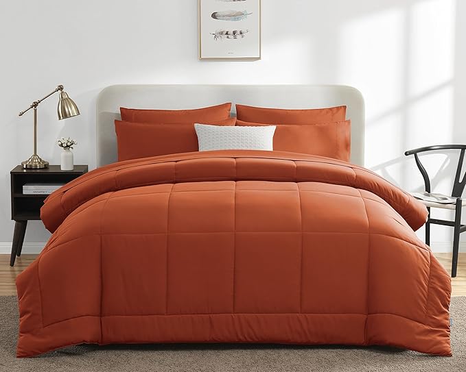 CozyLux King Size Comforter Set Terracotta, 7 Pieces Bed in a Bag, Burnt Orange Fall Comforter King Size, All Season Bedding Sets with Stitch Quilted Comforter, Flat Sheet, Fitted Sheet, Pillowcases