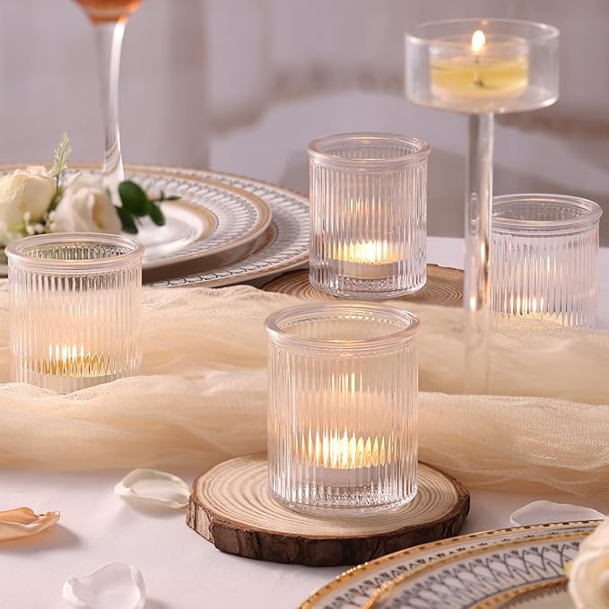 32Pcs Ribbed Votive Candle Holders, Clear Tea Light Candle Holder for Wedding Table Decor, Glass Candle Holder for Bridal Shower Decor, Home and Holiday Decor