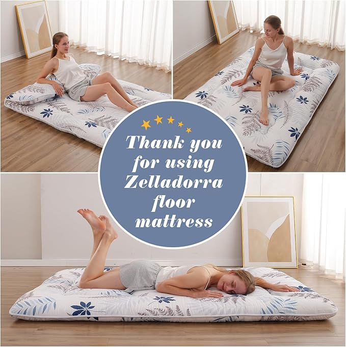 Japanese Floor Mattress, Futon Mattress with Portable Storage Bag and Washable Cover, Roll Up Thick Tatami Mat Suitable for Camping, Guest Room, White Leaf, Full