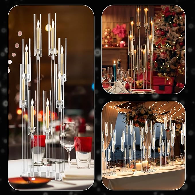 2PCS Acrylic Candelabra Centerpieces,Tall Clear Floor Candelabra for Wedding 8 Arm Candle Holder with Acrylic Shade Circular Base for Party Table Decoration Fit 0.87 LED Candle
