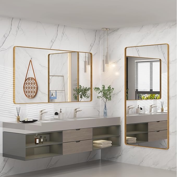 55x30 Gold Bathroom Mirror, Brushed Metal Frame Gold Vanity Mirror, Large Rectangle Mirror for Wall, Rounded Corner, Shatterproof, Anti-Rust (Horizontal/Vertical)