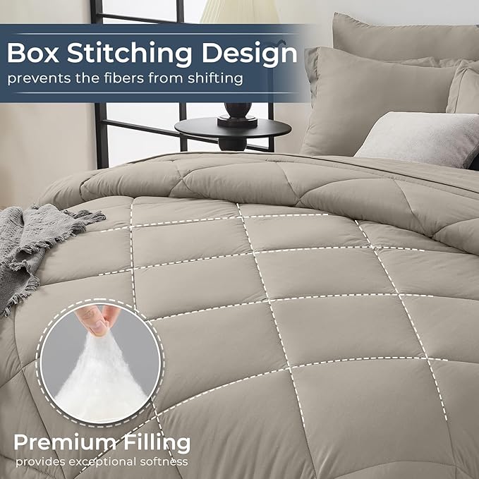 HEVUMYI Oatmeal Twin Comforter Set - 5-Piece All Season Bed in a Bag Twin, Ultra Soft Bedding Set with Comforter, Flat Sheet, Fitted Sheet, Pillowcases, Pillow Shams