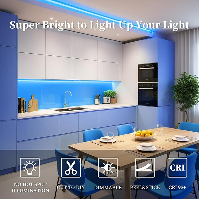 iNextStation COB LED Strip Light Blue 16.4FT 5M, DC12V CRI 93+ Dimmable Flexible LED Tape Lights for Bedroom, Kitchen, TV Backlight, Cupboard, Wardrobe, Home Lighting Decor