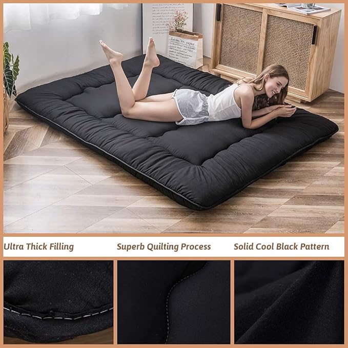 MAXYOYO Japanese Floor Mattress Futon Mattress, 4" Thicken Tatami Mat Sleeping Pad Foldable Roll Up Mat Boys Girls Dormitory Pad Kids Floor Lounger Pillow Bed, Black, Queen