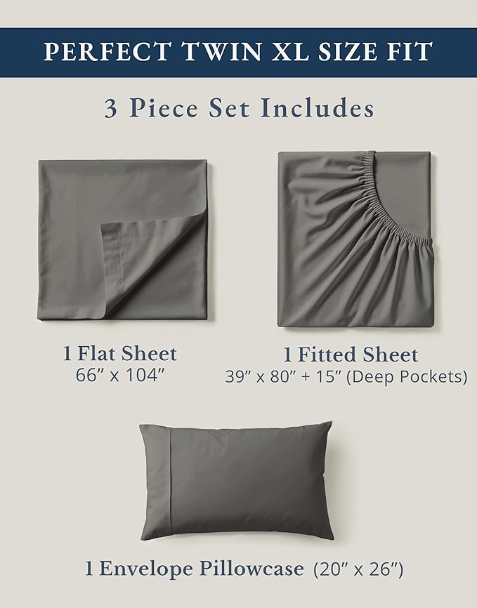 LANE LINEN 100% Organic Cotton Twin XL Sheets Set, Hotel Like Crisp Percale Low Pill Fade Resistant Reinforsed Seam Cotton Sheets, Perfect for Hospital Bed & Dorm Room Extra Long Twin- Charcoal