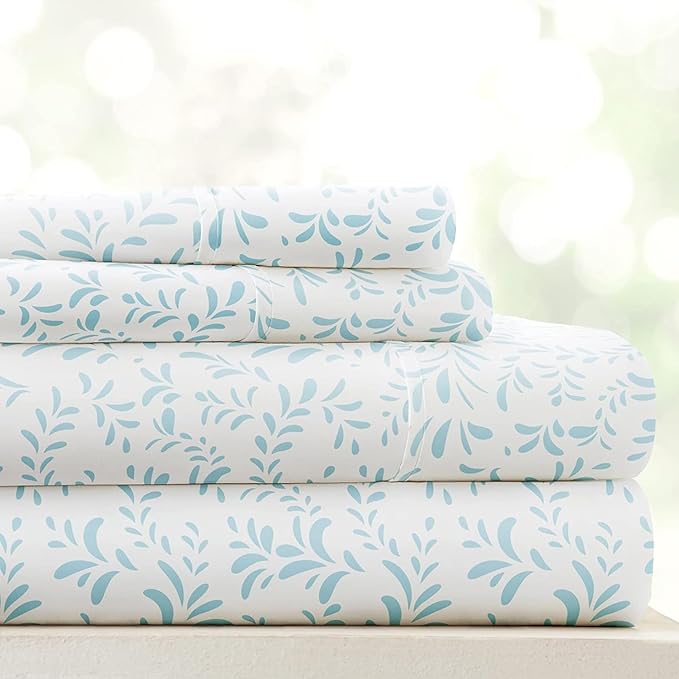Linen Market Double-Brushed Patterned Microfiber Queen Sheet Set 4 Piece – Oeko-TEX Certified Ultra Soft & Wrinkle-Free - 16" Deep Pocket Sheets - Easy Care Queen Size - Burst of Vines Light Blue